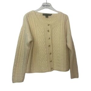 Inis Crafts Irish Wool Chunky Cable Knit Cream Cardigan Sweater Size Medium